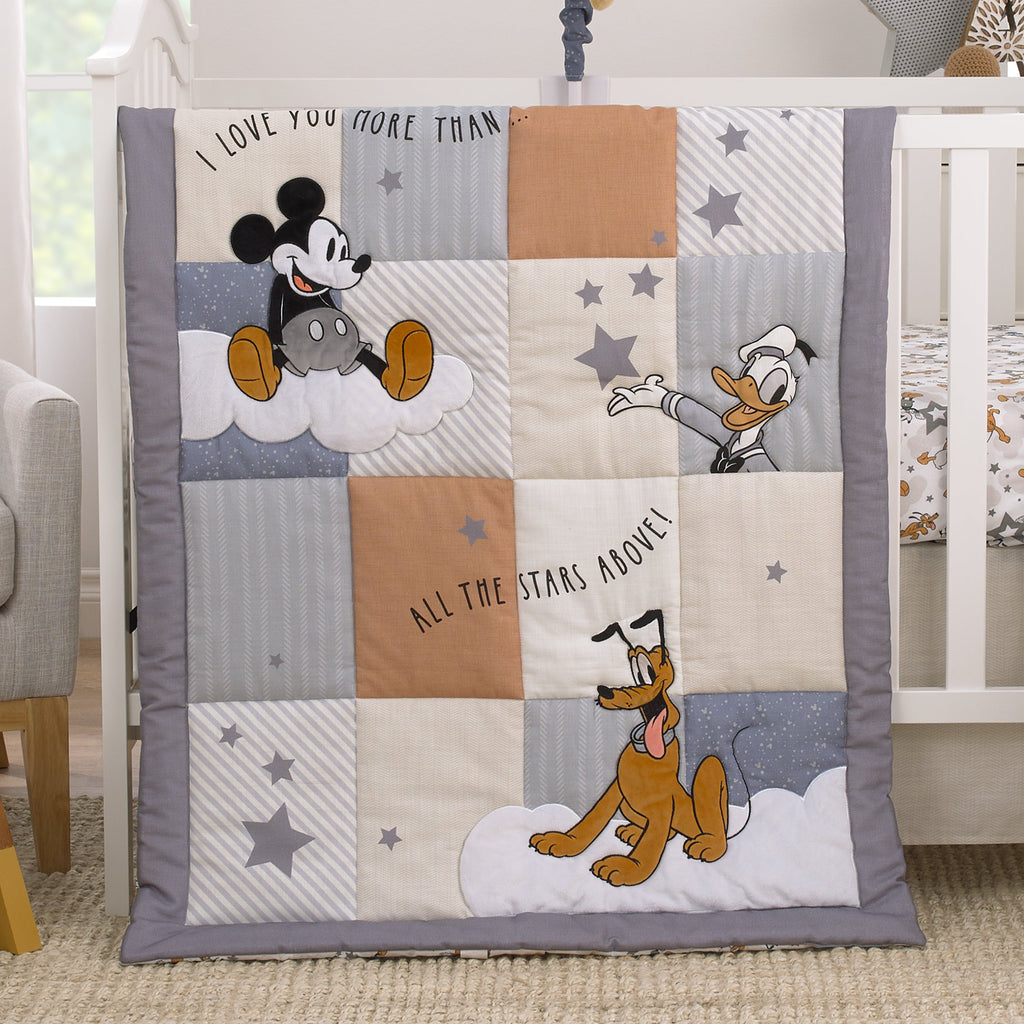 Mickey Mouse Love Mickey Gray, Navy, and Tan Donald Duck and Pluto, Clouds and Stars 3 Piece Nursery Crib Bedding Set - Comforter, Fitted Crib Sheet, and Crib Skirt