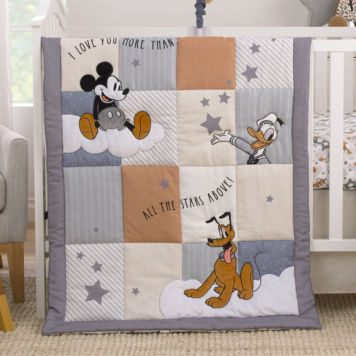 Mickey Mouse Love Mickey Gray, Navy, and Tan Donald Duck and Pluto, Clouds and Stars 3 Piece Nursery Crib Bedding Set - Comforter, Fitted Crib Sheet, and Crib Skirt