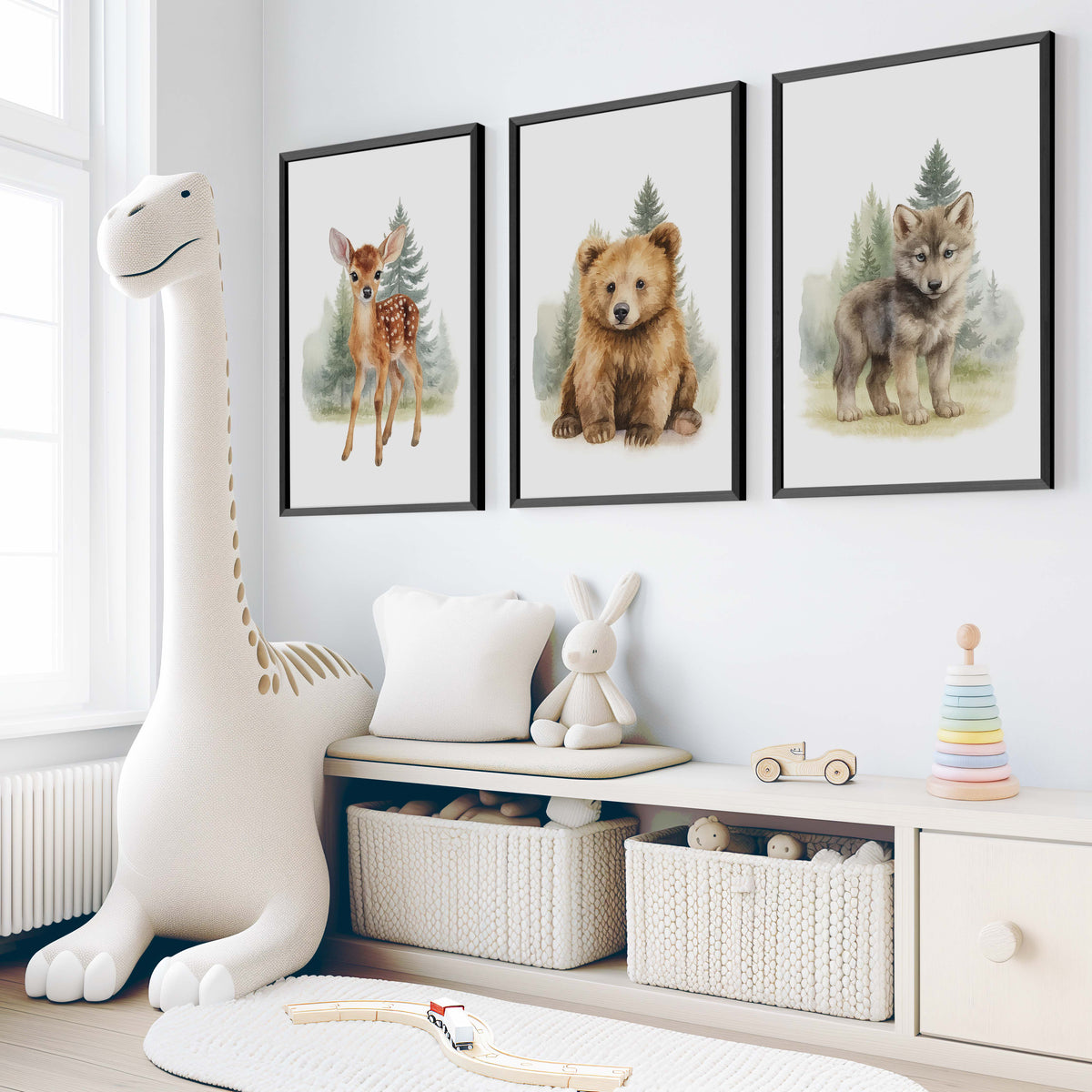 Vintage Nursery Wall Art – Forest Animal Trio: Deer, Bear & Wolf