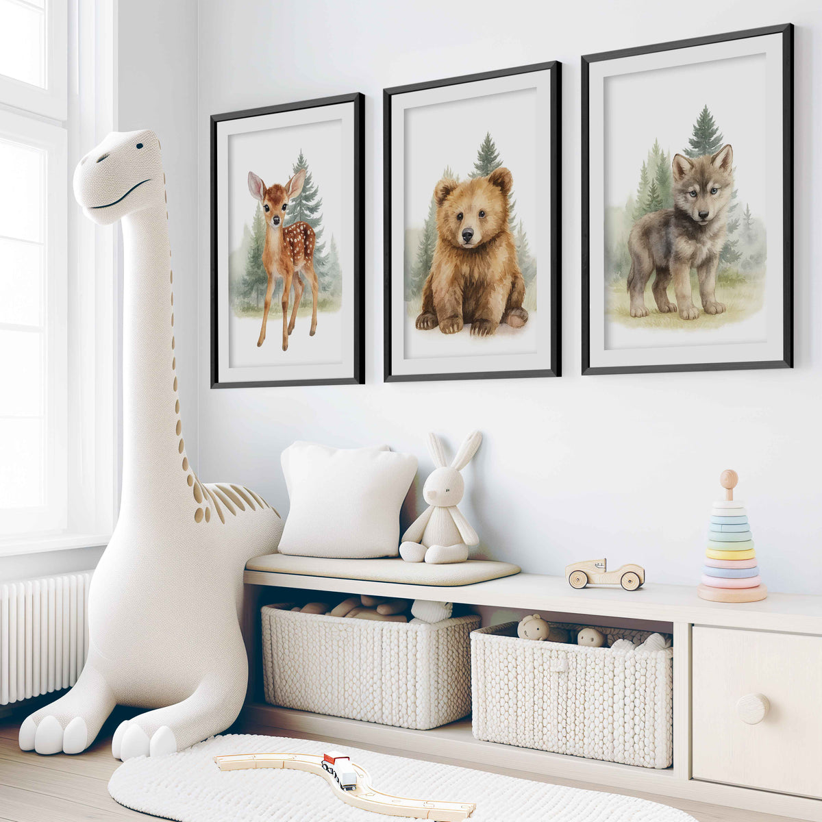 Vintage Nursery Wall Art – Forest Animal Trio: Deer, Bear & Wolf