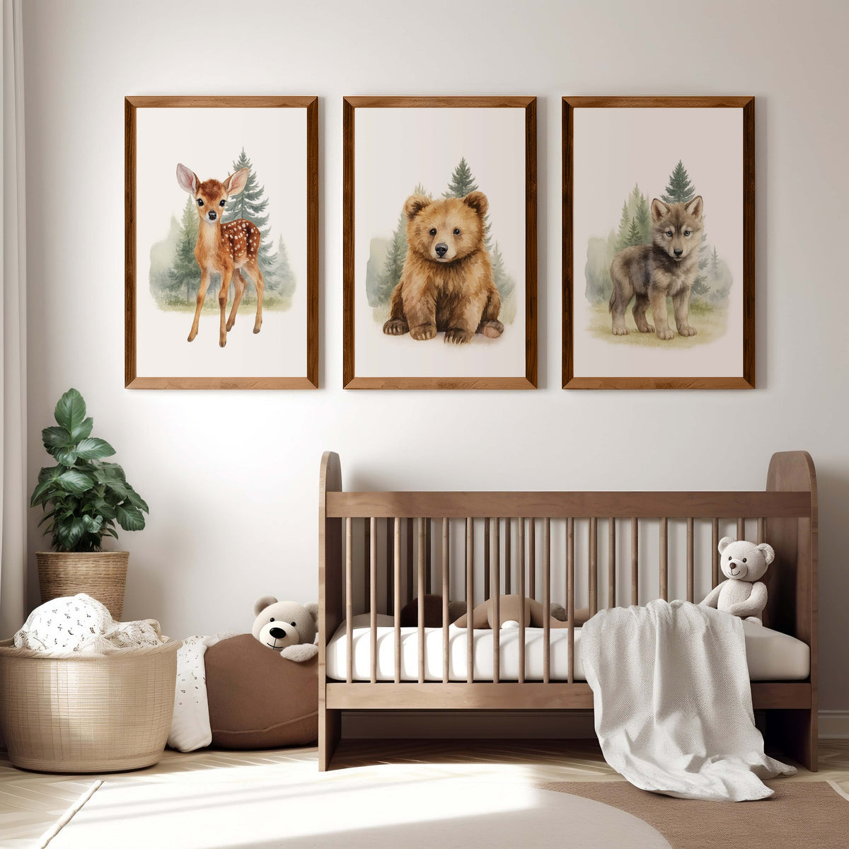 Vintage Nursery Wall Art – Forest Animal Trio: Deer, Bear & Wolf