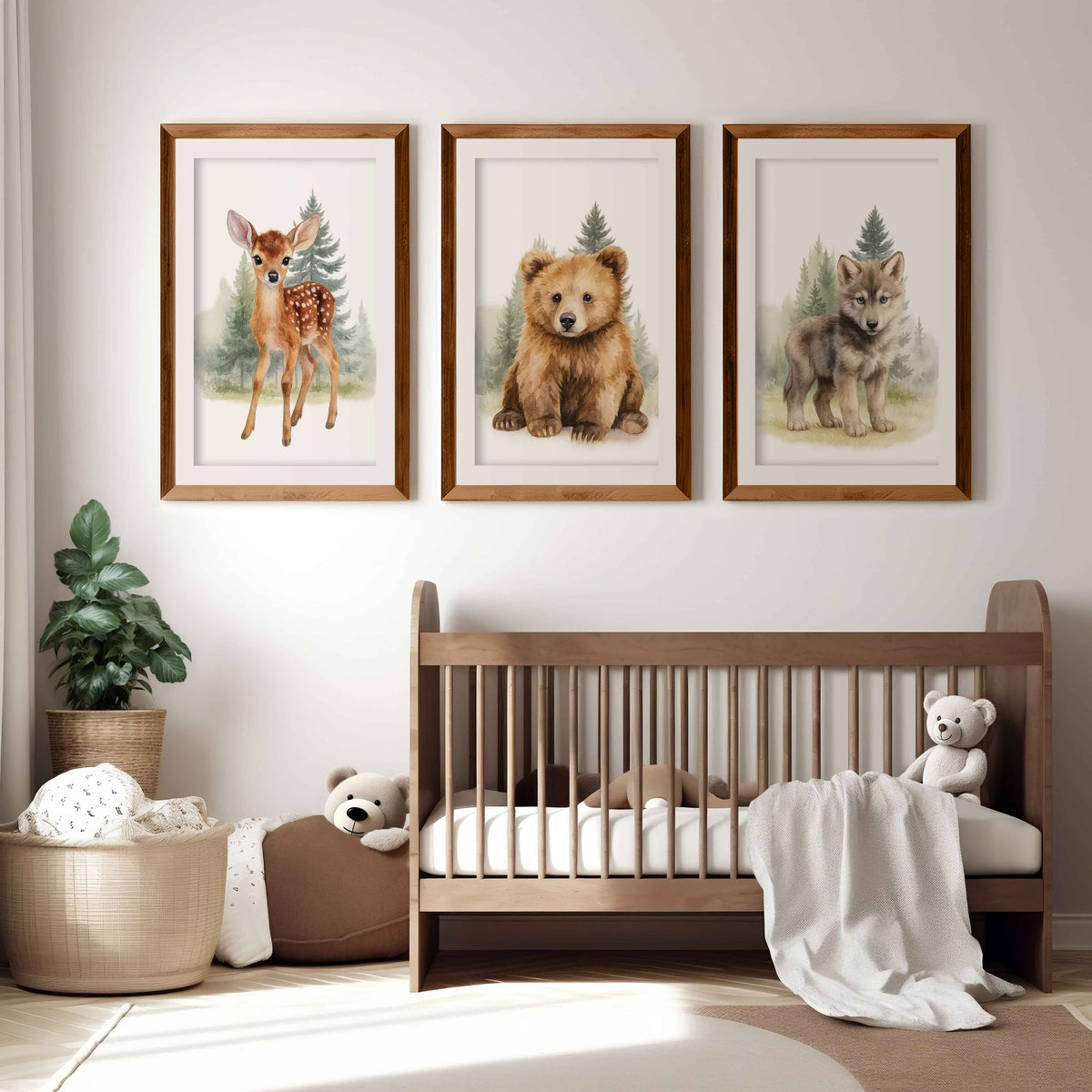 Vintage Nursery Wall Art – Forest Animal Trio: Deer, Bear & Wolf