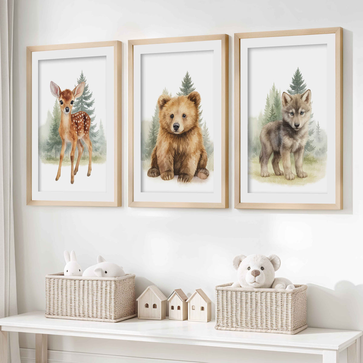 Vintage Nursery Wall Art – Forest Animal Trio: Deer, Bear & Wolf
