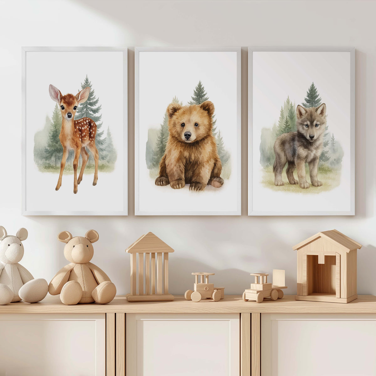 Vintage Nursery Wall Art – Forest Animal Trio: Deer, Bear & Wolf