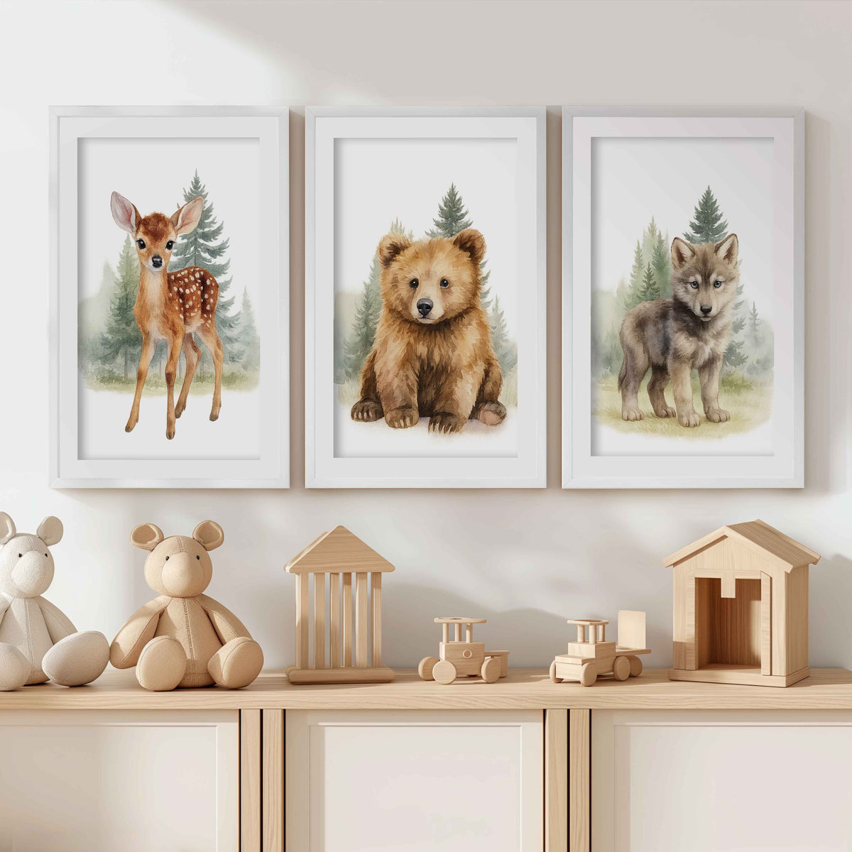 Vintage Nursery Wall Art – Forest Animal Trio: Deer, Bear & Wolf