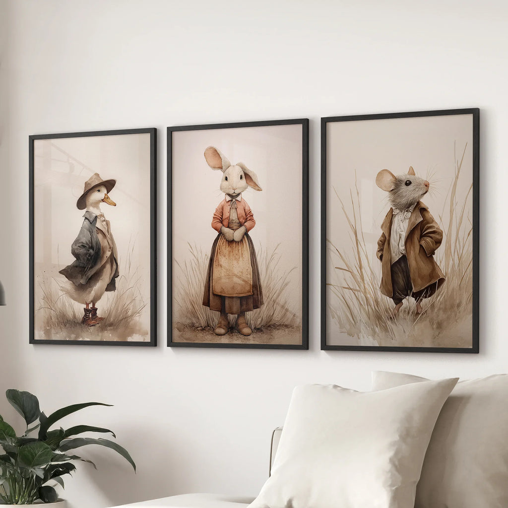 Whimsical Animal Wall Art. Dug & Mouse Set 3 Vintage Prints