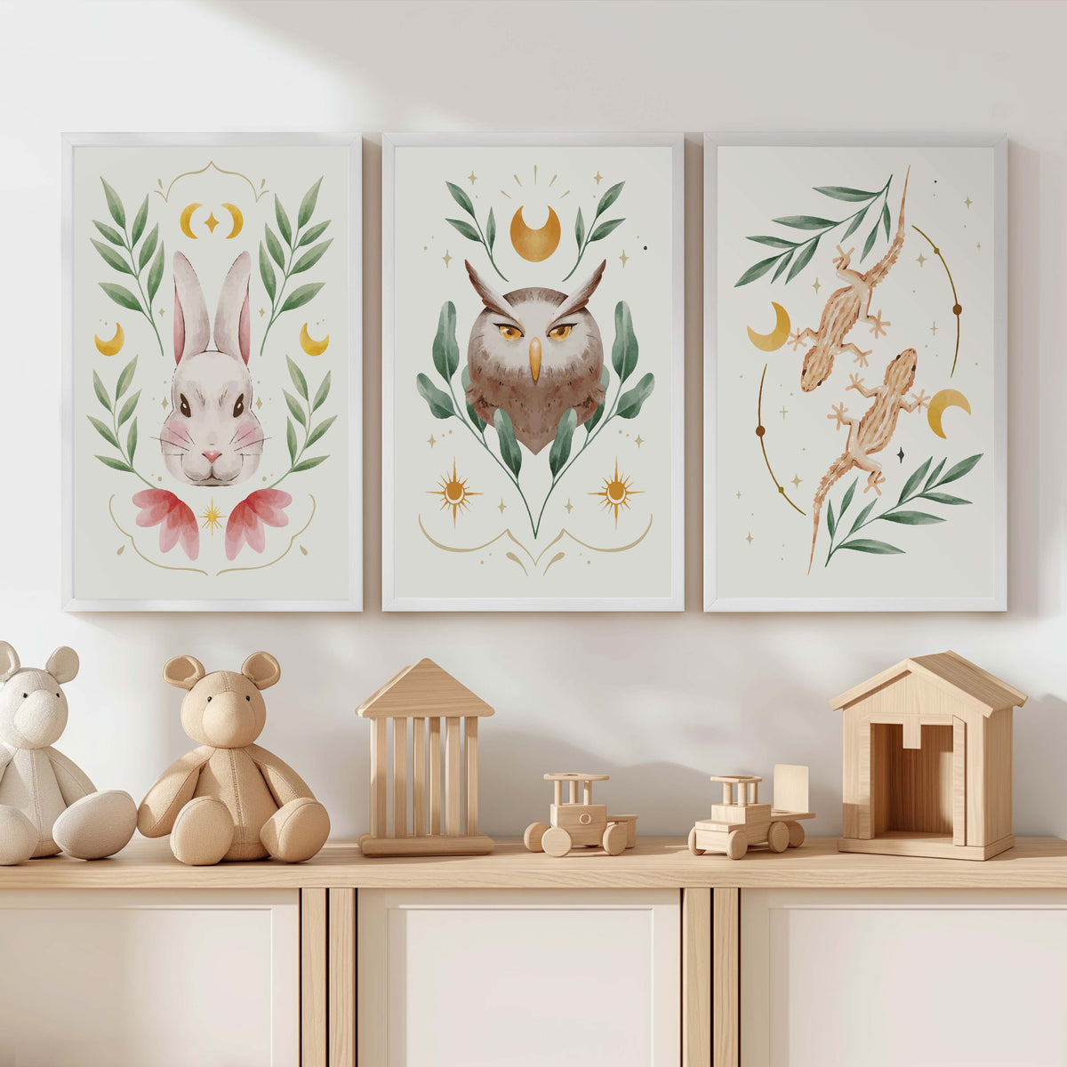 Vintage Nursery Art – Animal & Moon Wall Prints (3 Pieces)