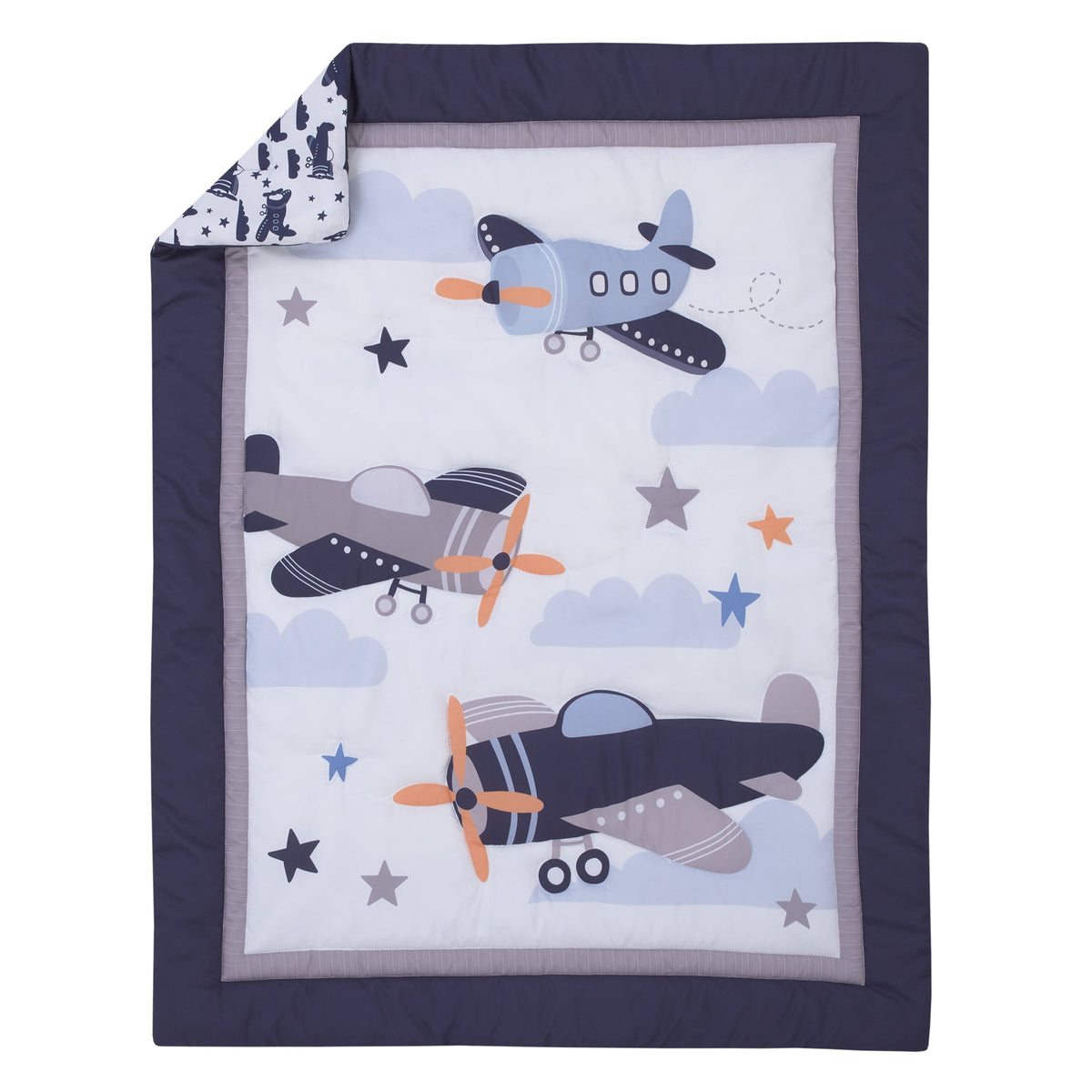 Soar High Little One Navy, Light Blue, Orange, and White Airplanes, Clouds, and Stars 3 Piece Nursery Mini Crib Bedding Set - Comforter, and Two Fitted Mini Crib Sheets