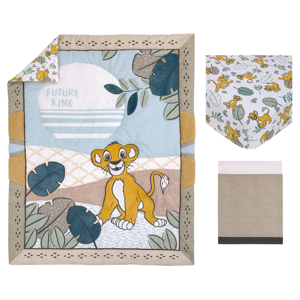 Lion King Blue, Green, Taupe and Gold Simba Future King 3 Piece Nursery Crib Bedding Set - Comforter, Cotton Fitted Crib Sheet, and Crib Skirt