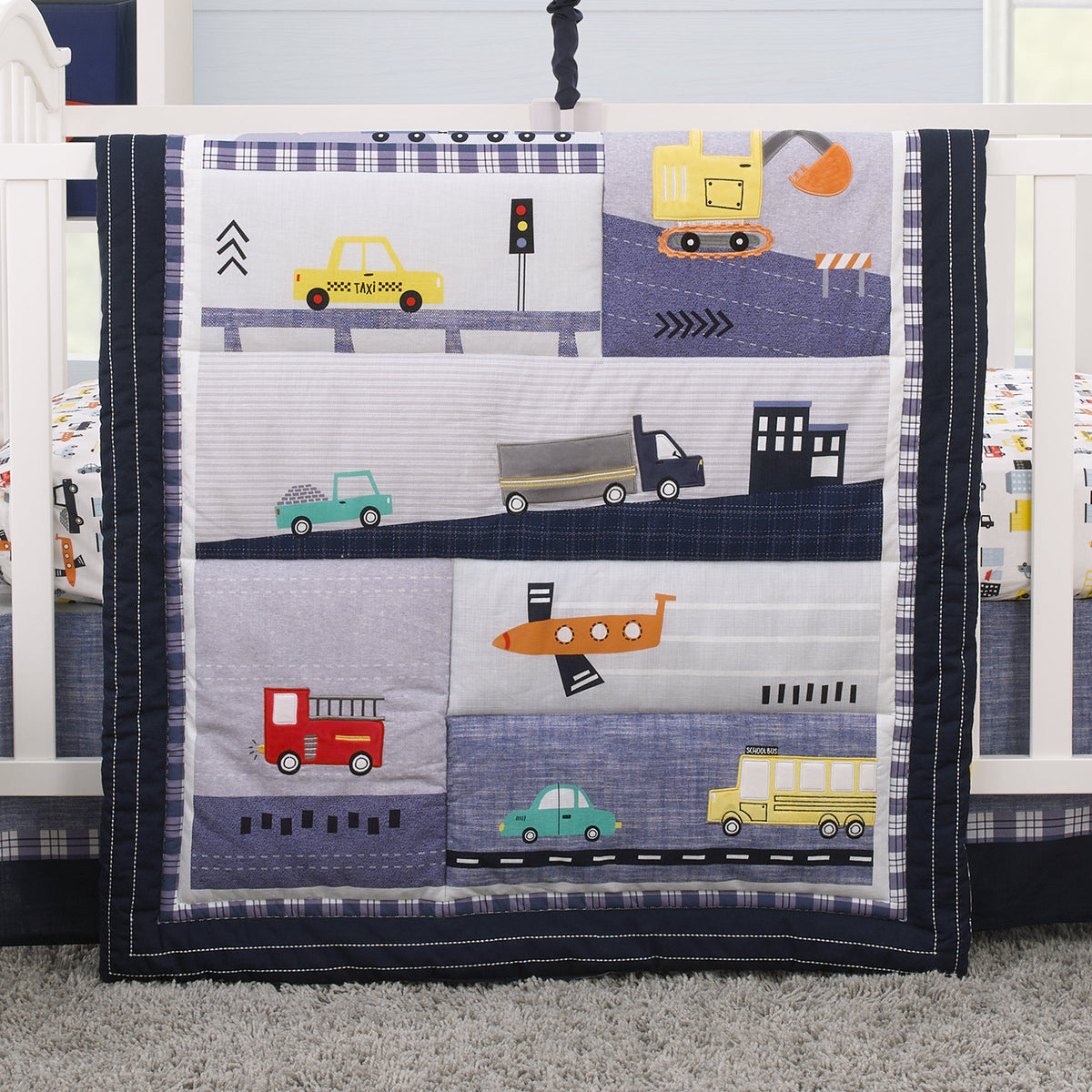 Transportation Trails Navy, Red, and Yellow Busy Cars, Trucks, Fire Engines 4 Piece Nursery Crib Bedding Set - Comforter, 100% Cotton Fitted Crib Sheet, Crib Skirt, and Nursery Organizer