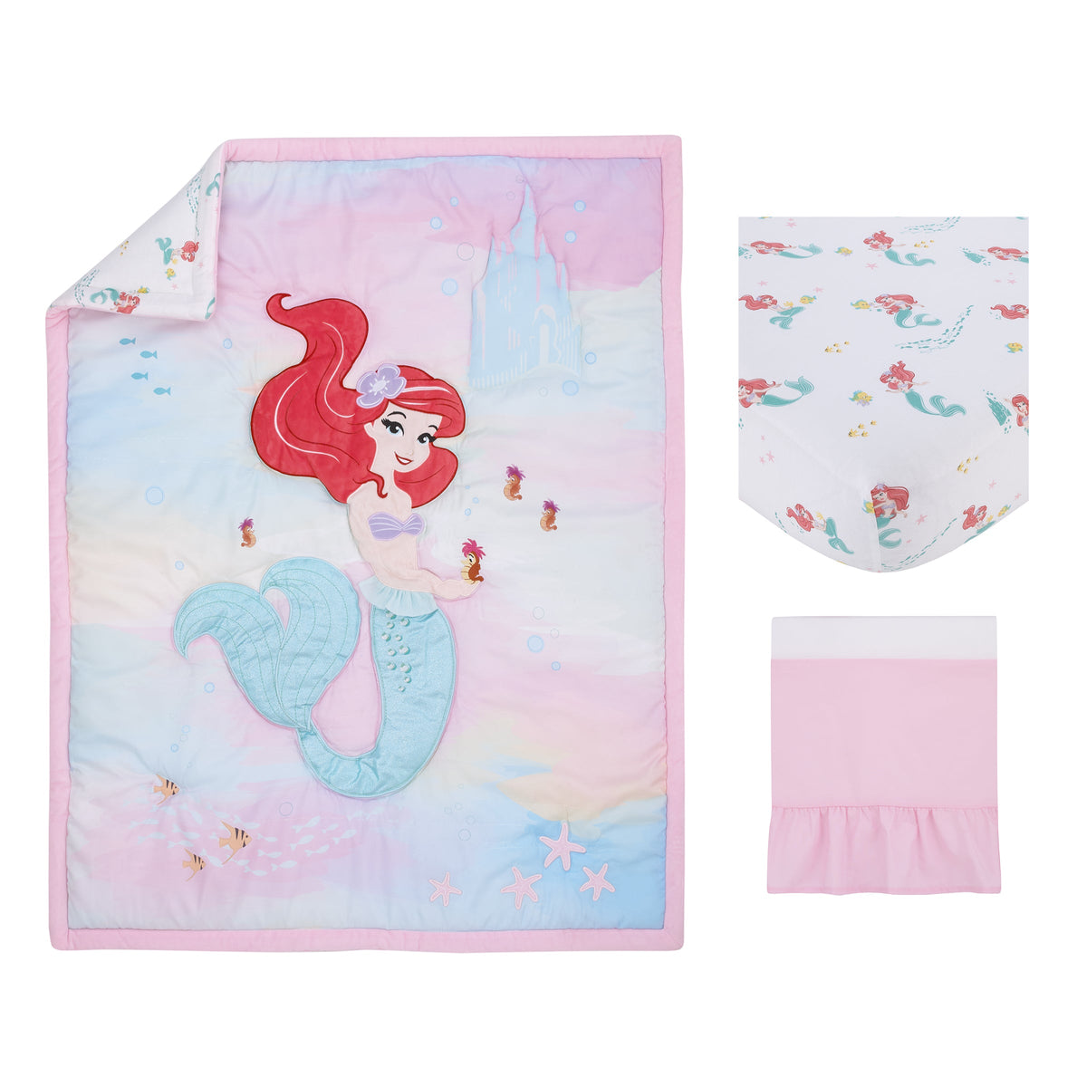 Disney Ariel Watercolor Wishes Aqua, Pink and White 3 Piece Nursery Crib Bedding Set - Comforter, 100% Cotton Fitted Crib Sheet and Crib Skirt