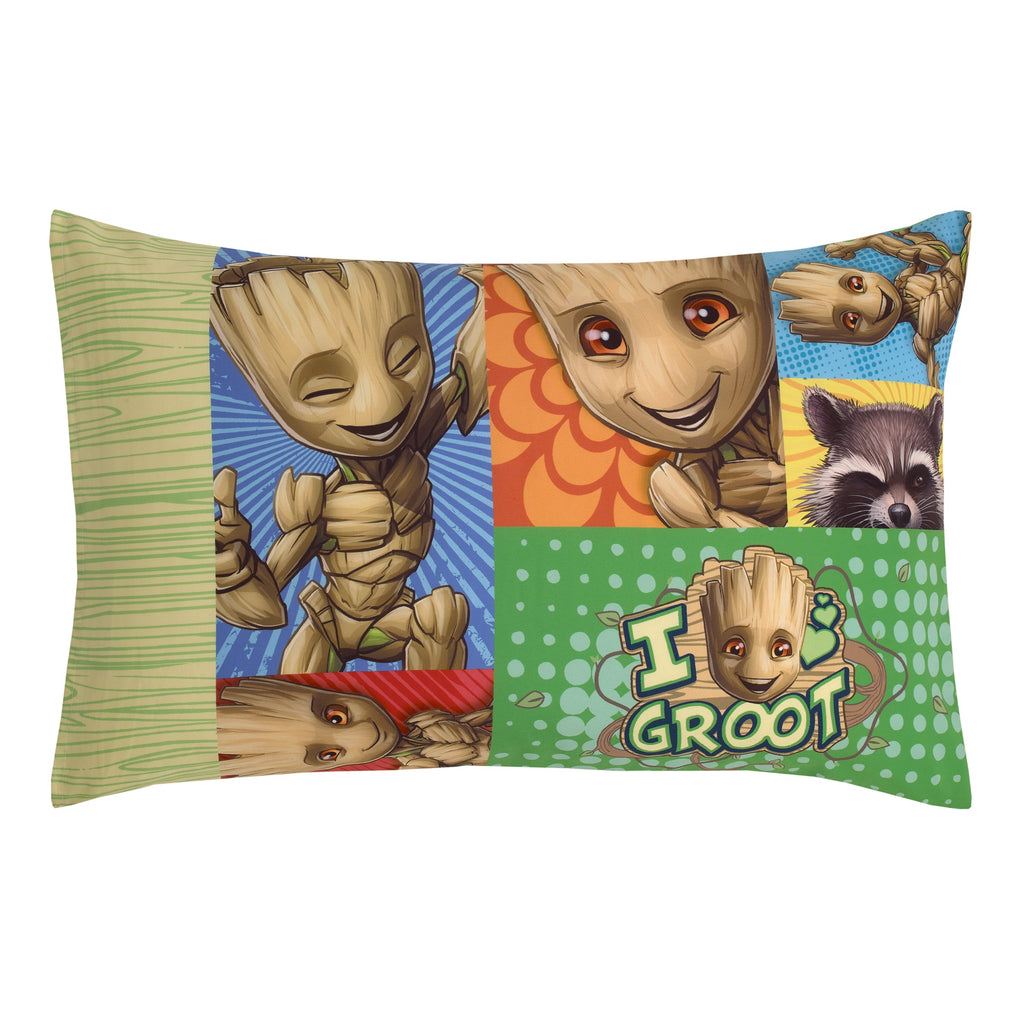 Guardians of the Galaxy I Am Groot Green and Blue 4 Piece Toddler Bed Set - Comforter, Fitted Bottom Sheet, Flat Top Sheet, and Reversible Pillowcase