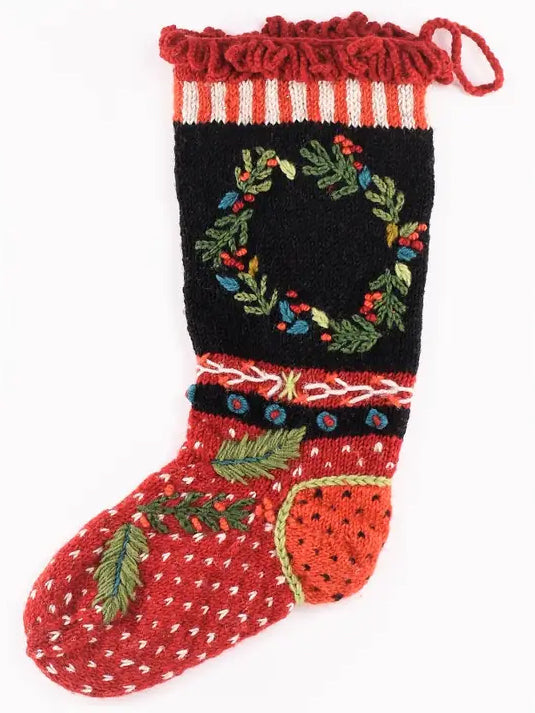 Wreath - Wool Hand Knit Christmas Stocking