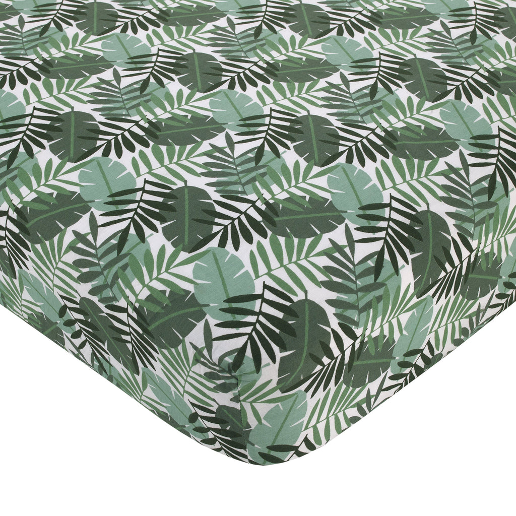 Jungle Paradise Green, Gray, and Tan Lion, Sloth, and Leopard Palm Leaf 4 Piece Nursery Crib Bedding Set - Comforter, 100% Cotton Fitted Sheet, Crib Skirt, and Storage Caddy