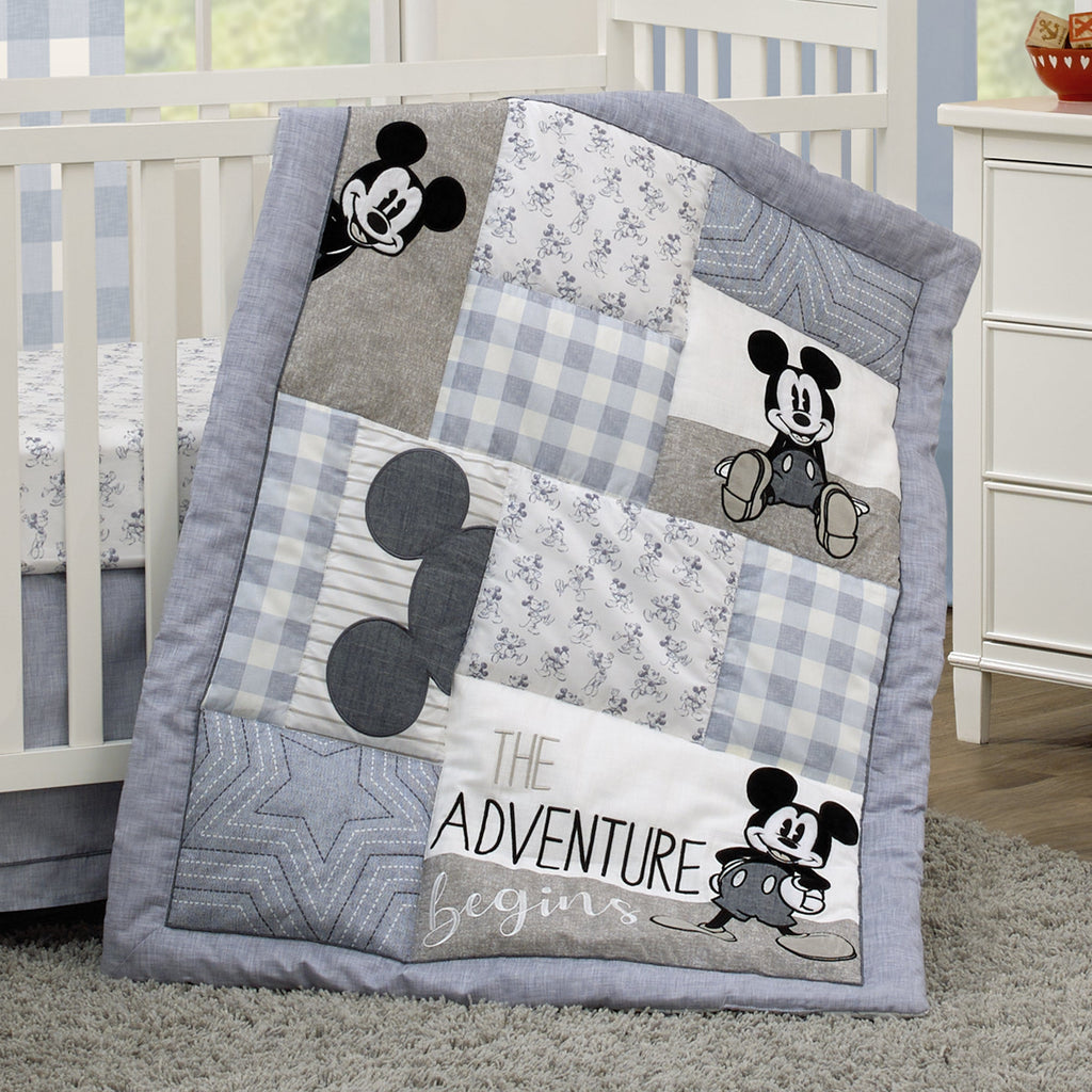 Mickey Mouse - Call Me Mickey Blue, White, and Gray The Adventure Begins Stars and Gingham 3 Piece Nursery Crib Bedding Set - Comforter, 100% Cotton Fitted Crib Sheet, and Crib Skirt