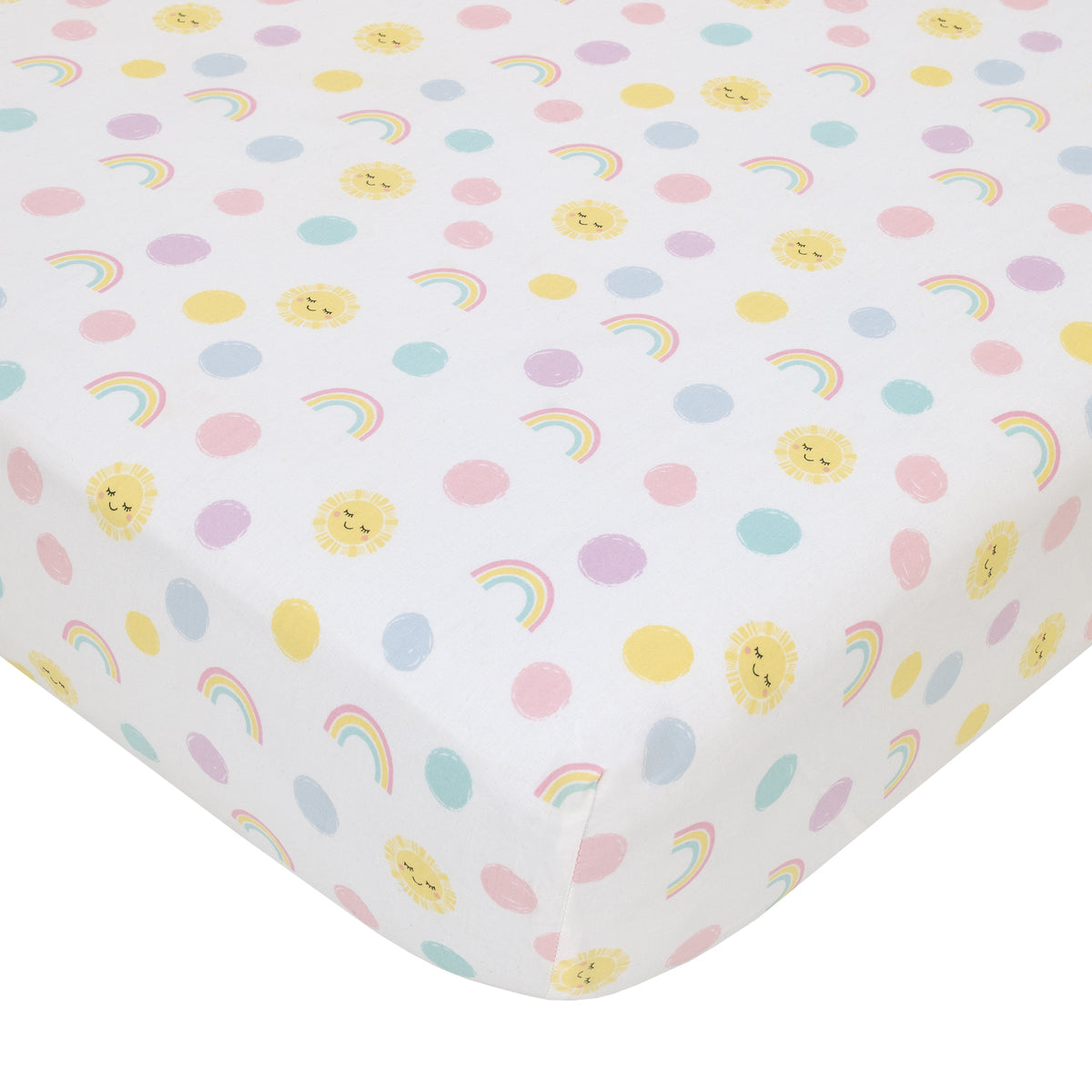 Happy Days Pink, White, and Yellow Rainbows and Sunshine 4 Piece Nursery Crib Bedding Set - Comforter, 100% Cotton Fitted Crib Sheet, Crib Skirt and Reversible Storage